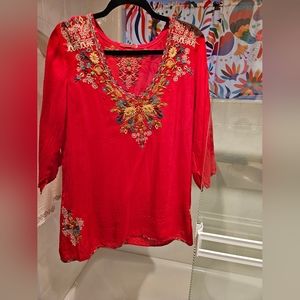 Red Embroidered Johnny Was Blouse Med.